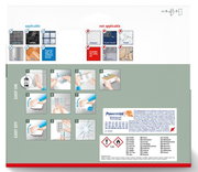 Achterkant van een verpakking met instructies voor het gebruik van Powerstrips op verschillende oppervlakken. Perspectief: vooraanzicht.
