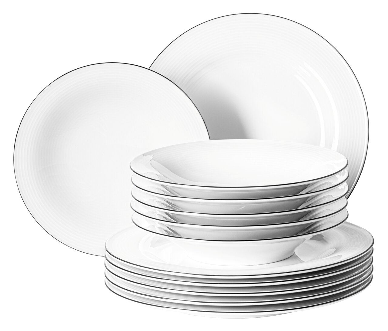 Seltmann Weiden Tafelservice 12-tlg. BEAT Ein 12-teiliges Tafelservice aus weißem Porzellan, bestehend aus flachen und tiefen Tellern, gestapelt und aus einer leicht seitlichen Perspektive fotografiert.