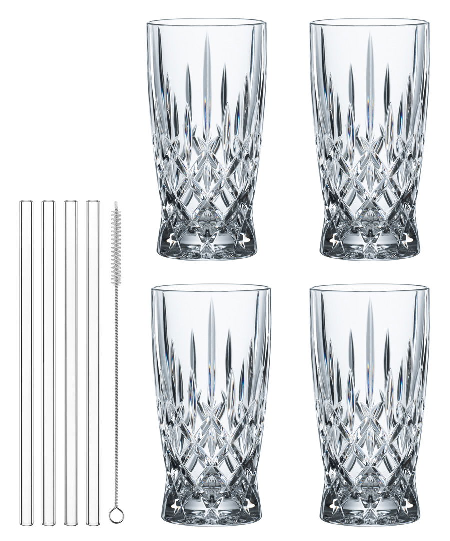 Nachtmann Latte- Macchiato-Set 8.tlg. NOBLESSE Vier elegante Latte-Macchiato-Gläser mit Kristallmuster, vier Glasstrohhalme und eine Reinigungsbürste, Ansicht von vorne.