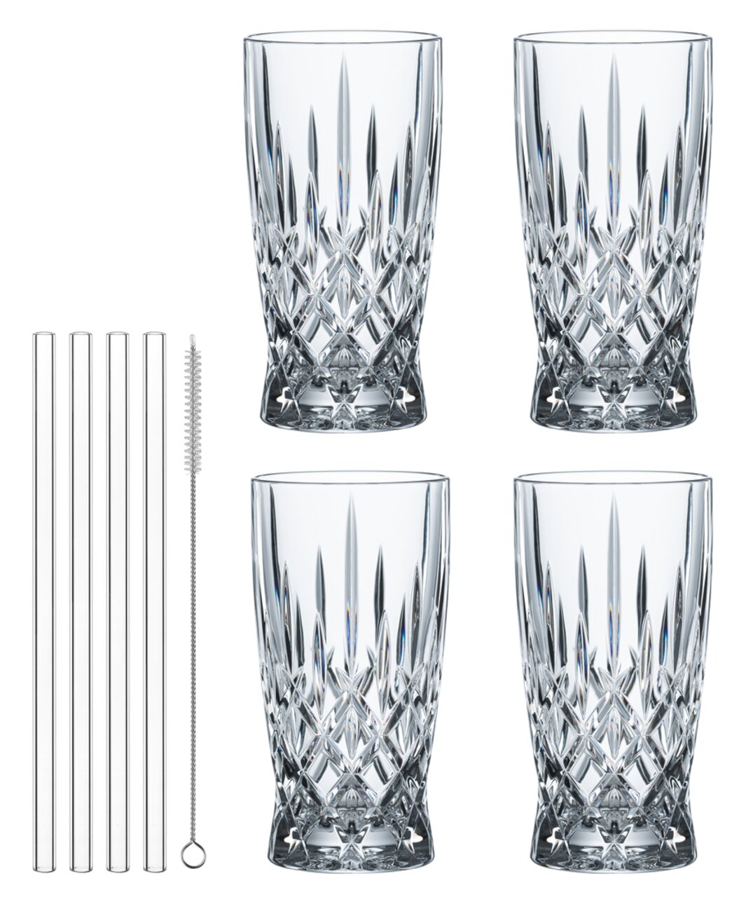 Nachtmann Latte Macchiato-set, 8-delig NOBLESSE Vier elegante latte macchiato-glazen met kristallenpatroon, vier glazen rietjes en een reinigingsborstel, gezien vanaf de voorkant.