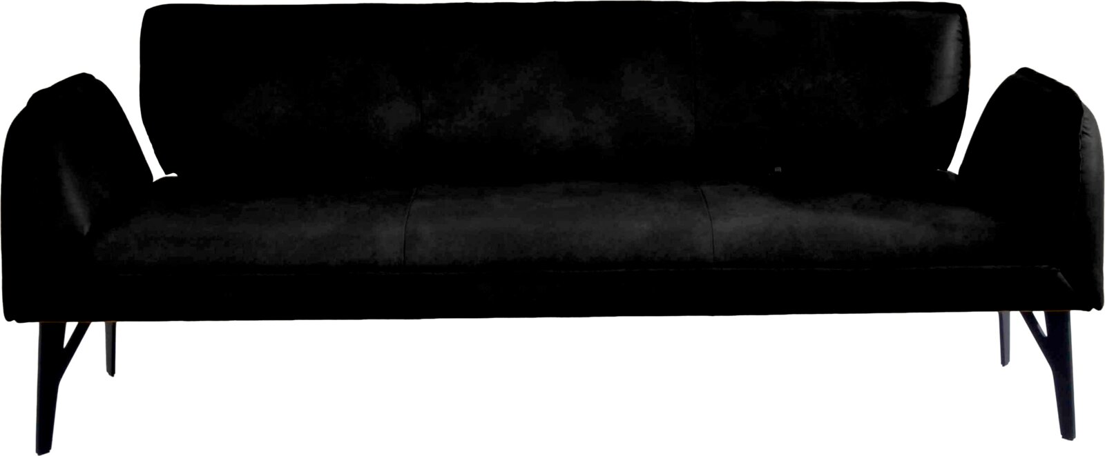 Moderano Solobank DRIVE Schwarzes Schlafsofa mit gepolsterter Rückenlehne, klappbaren Armlehnen und schlanken Metallbeinen, frontal in Seitenansicht auf weißem Hintergrund