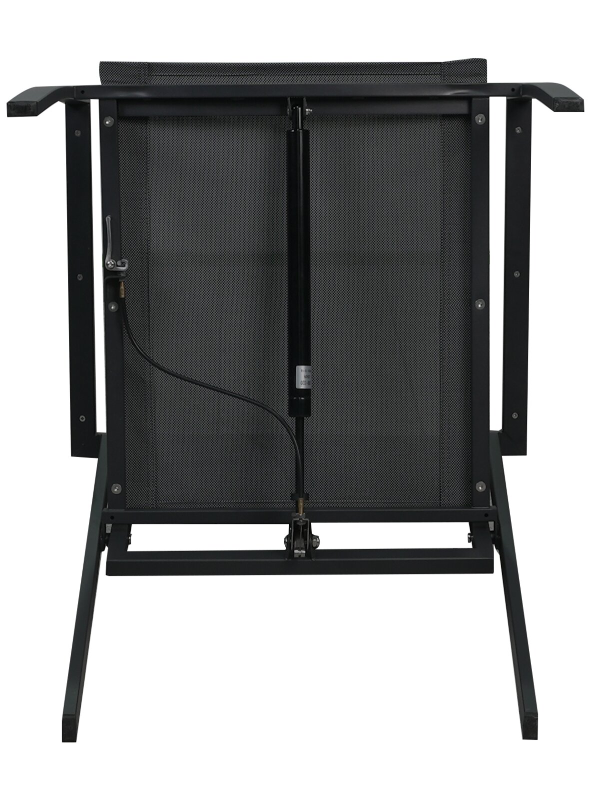 Rückansicht eines Stapelstuhls mit schwarzem Metallrahmen und Gasdruckfeder.