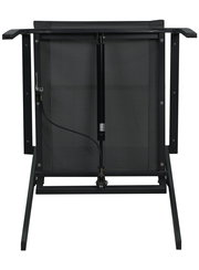 Rückansicht eines Stapelstuhls mit schwarzem Metallrahmen und Gasdruckfeder.