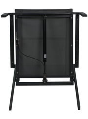 Rückansicht eines Stapelstuhls mit schwarzem Metallrahmen und Gasdruckfeder.