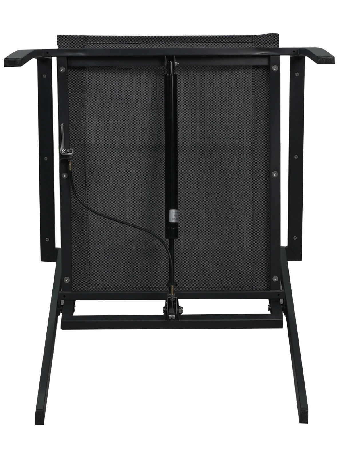 Rückansicht eines Stapelstuhls mit schwarzem Metallrahmen und Gasdruckfeder.