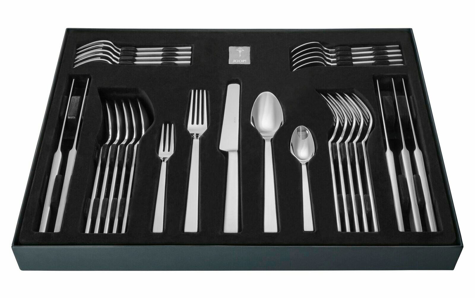 Elegantes 30-teiliges Besteckset 'Dining Glamor' in schwarzer Präsentationsbox, von oben fotografiert.