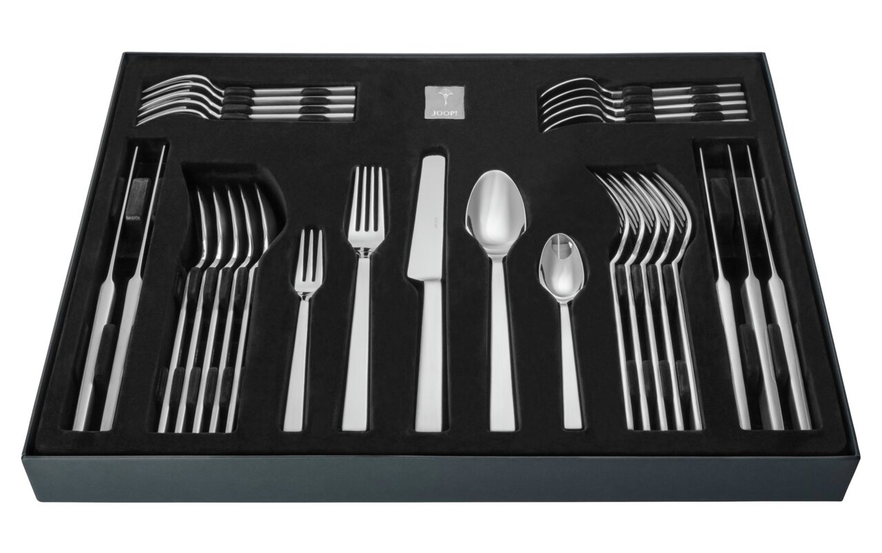 Elegantes 30-teiliges Besteckset 'Dining Glamor' in schwarzer Präsentationsbox, von oben fotografiert.