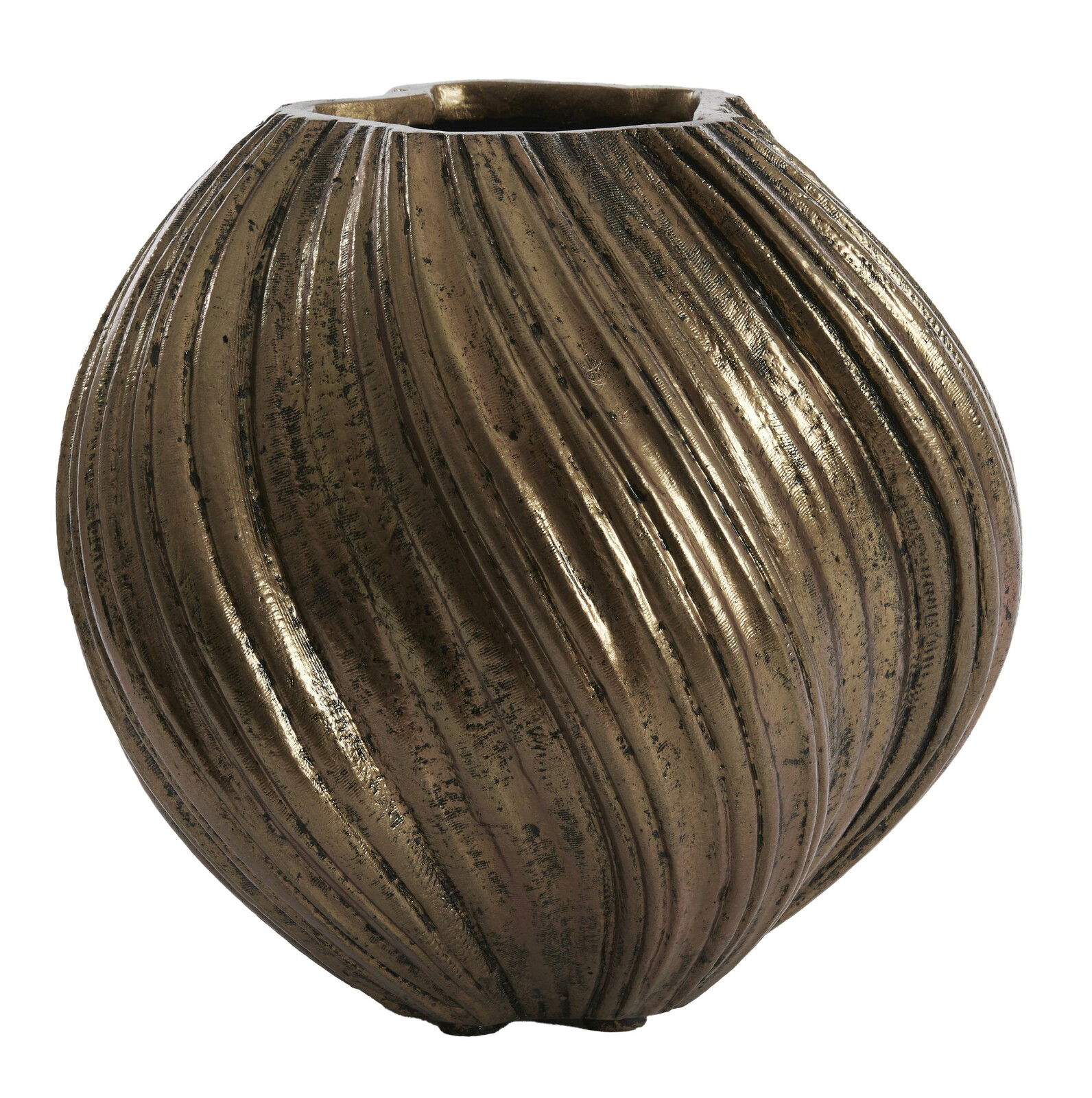 Bronzefarbene, runde Vase mit geriffelter Oberfläche, seitliche Perspektive