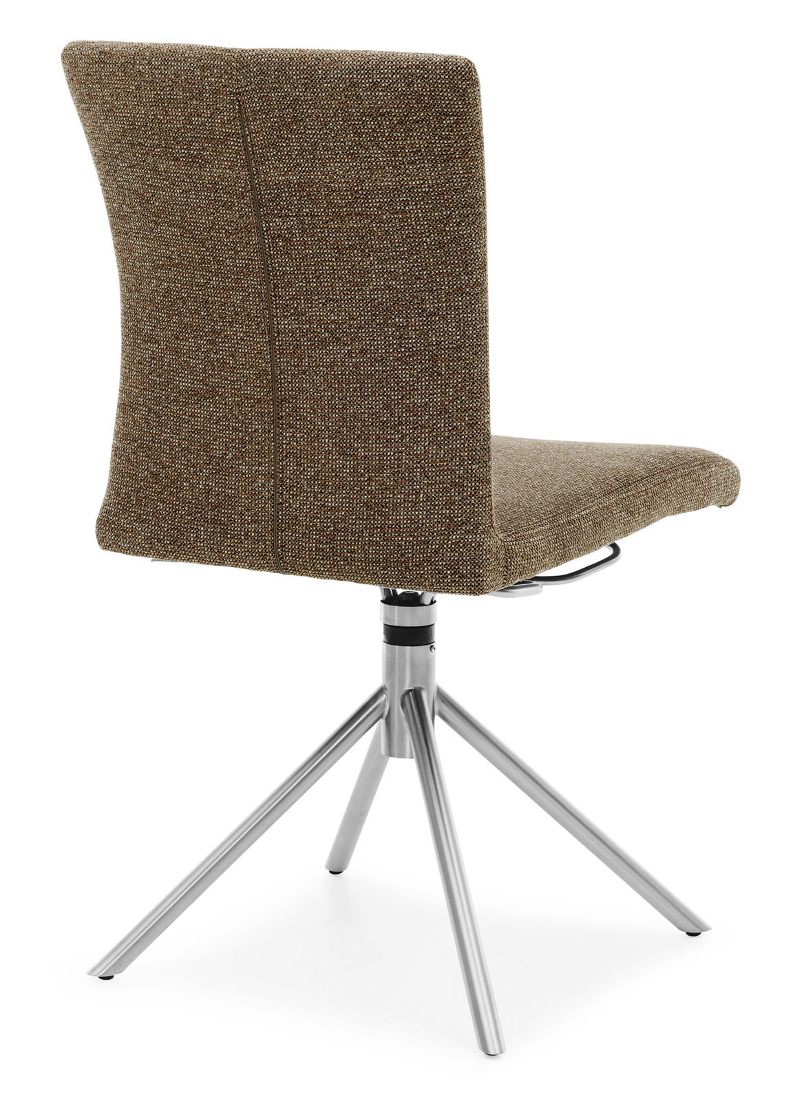 Rückansicht eines modernen Stuhls mit braunem Stoffbezug und silbernem Metallgestell.