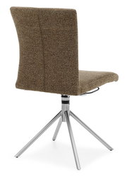 Rückansicht eines modernen Stuhls mit braunem Stoffbezug und silbernem Metallgestell.