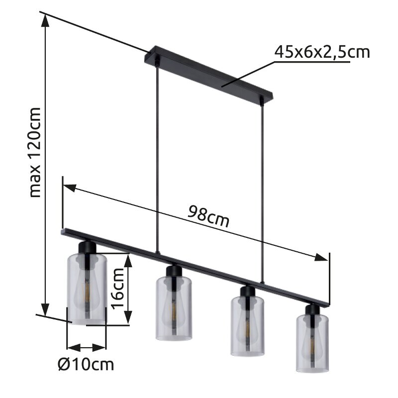 Moderne Hängeleuchte mit vier zylindrischen Glaskörpern, schwarze Metallstruktur, seitliche Perspektive.