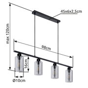 Moderne Hängeleuchte mit vier zylindrischen Glaskörpern, schwarze Metallstruktur, seitliche Perspektive.