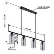 Moderne Hängeleuchte mit vier zylindrischen Glaskörpern, schwarze Metallstruktur, seitliche Perspektive.