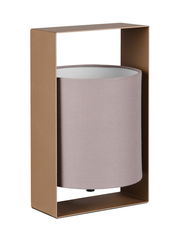 Moderne Tischleuchte mit rechteckigem Rahmen und zylindrischem Lampenschirm, seitliche Perspektive