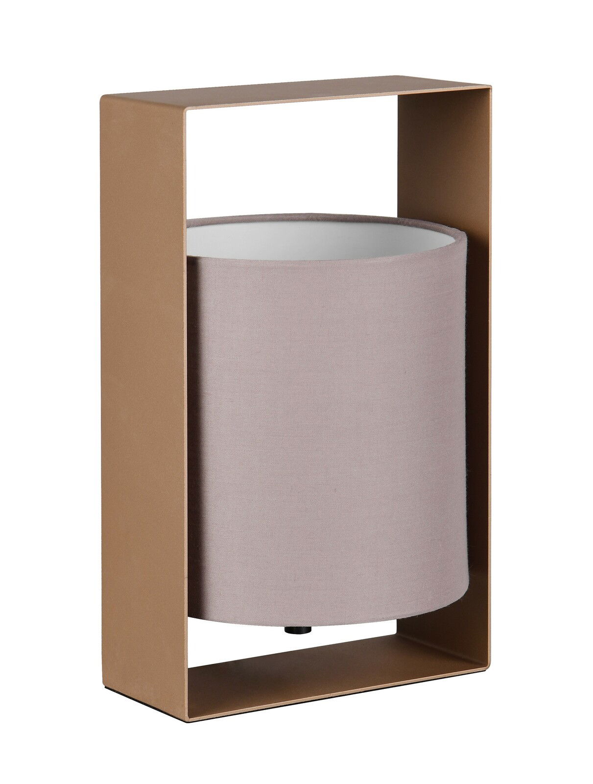 Moderne Tischleuchte mit rechteckigem Rahmen und zylindrischem Lampenschirm, seitliche Perspektive