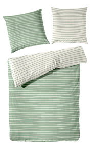 Bettwäsche-Set mit grün-weißen Streifen, bestehend aus einem Bettbezug und zwei Kissenbezügen, aus der Vogelperspektive.