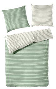 Bettwäsche-Set mit grün-weißen Streifen, bestehend aus einem Bettbezug und zwei Kissenbezügen, aus der Vogelperspektive.