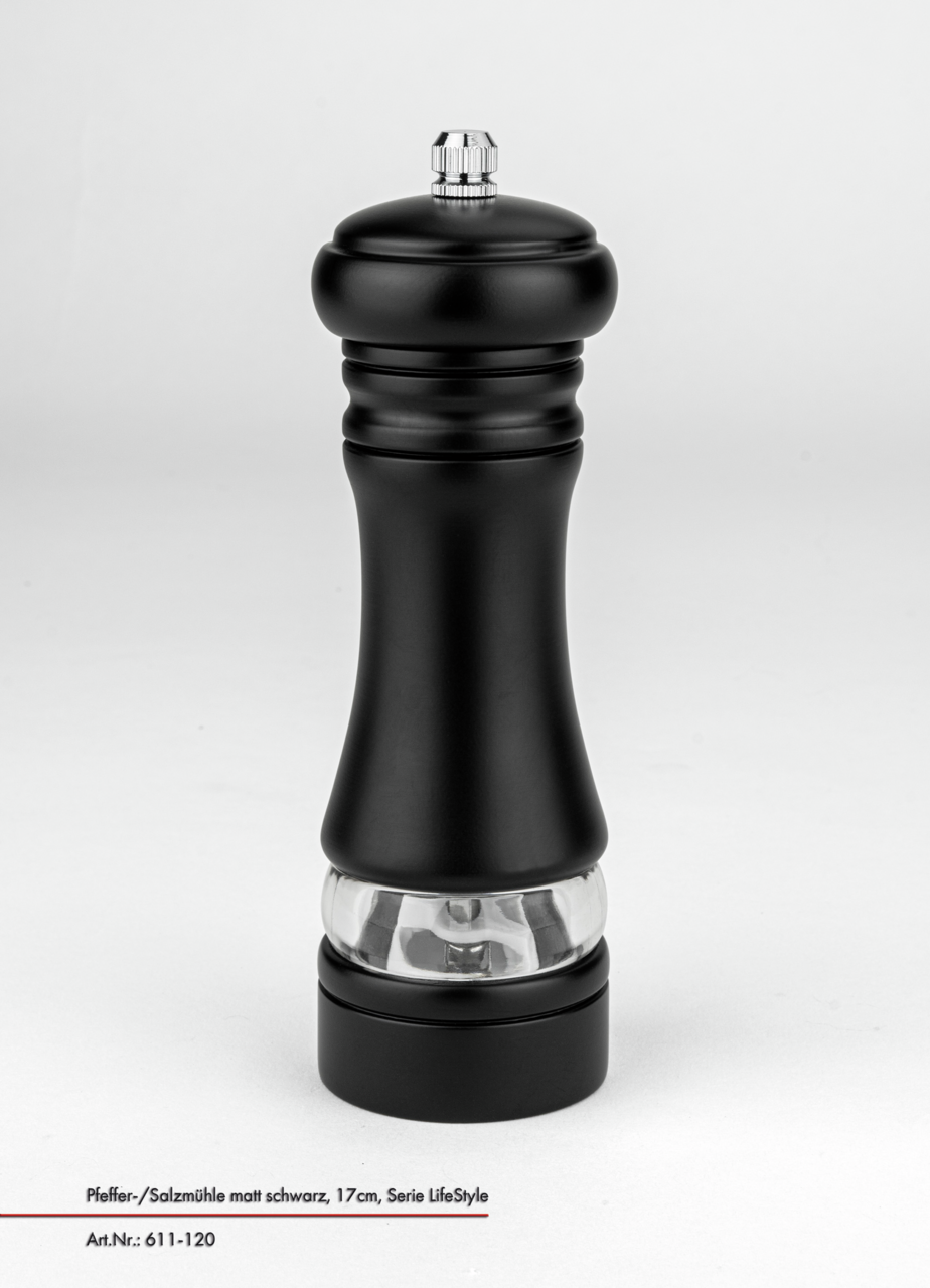 Justinus Peper- en zoutmolen 17 cm zwart Schwarze Pfeffer- und Salzmühle, 17 cm hoch, in mattem Design, frontal abgebildet.