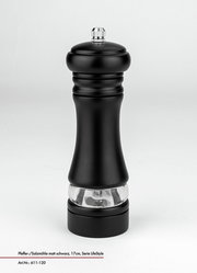 Schwarze Pfeffer- und Salzmühle, 17 cm hoch, in mattem Design, frontal abgebildet.