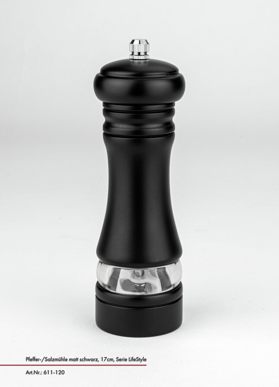 Schwarze Pfeffer- und Salzmühle, 17 cm hoch, in mattem Design, frontal abgebildet.