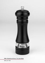 Schwarze Pfeffer- und Salzmühle, 17 cm hoch, in mattem Design, frontal abgebildet.