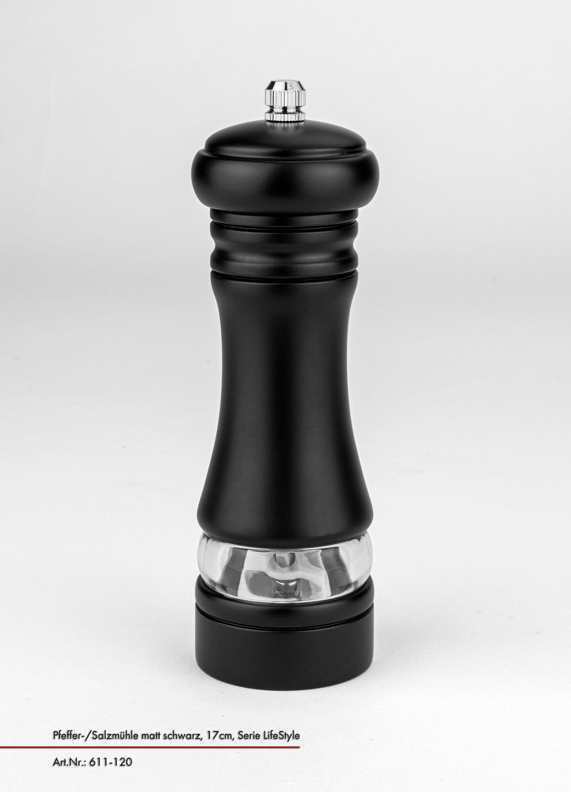 Schwarze Pfeffer- und Salzmühle, 17 cm hoch, in mattem Design, frontal abgebildet.