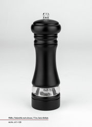 Zwarte peper- en zoutmolen, 17 cm hoog, in een matte uitvoering, afgebeeld van voren.
