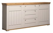 Sideboard aus Holz mit cremeweißen Fronten und natürlicher Holzplatte, seitliche Perspektive