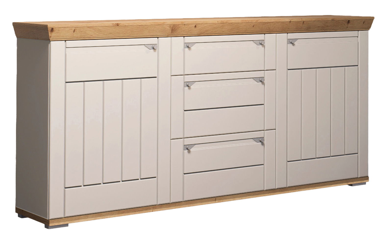Sideboard aus Holz mit cremeweißen Fronten und natürlicher Holzplatte, seitliche Perspektive