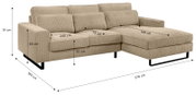 Beiges Sofa in L-Form mit rechter Ausrichtung, aus einem strukturierten Stoff, mit schwarzen Metallfüßen. Perspektive von vorne links.