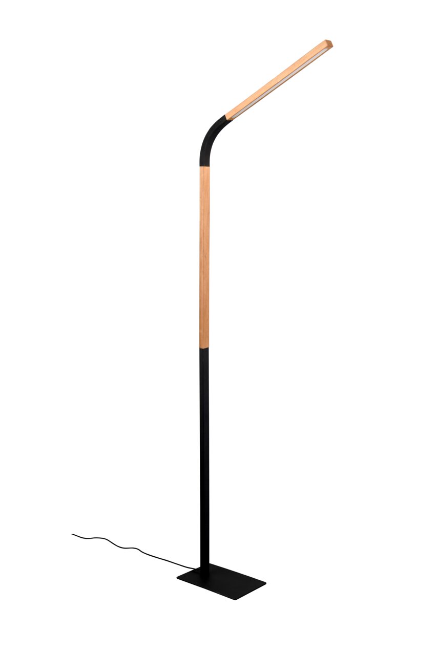 Moderne Stehleuchte Norris mit schlankem, minimalistischem Design in Holz und Schwarz, seitliche Perspektive