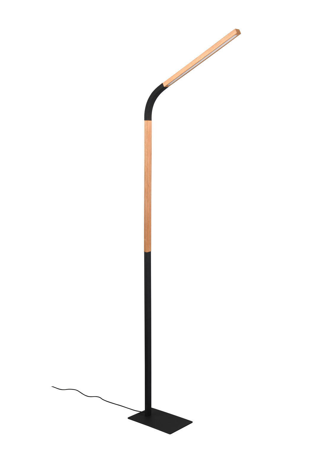 Moderne Stehleuchte Norris mit schlankem, minimalistischem Design in Holz und Schwarz, seitliche Perspektive