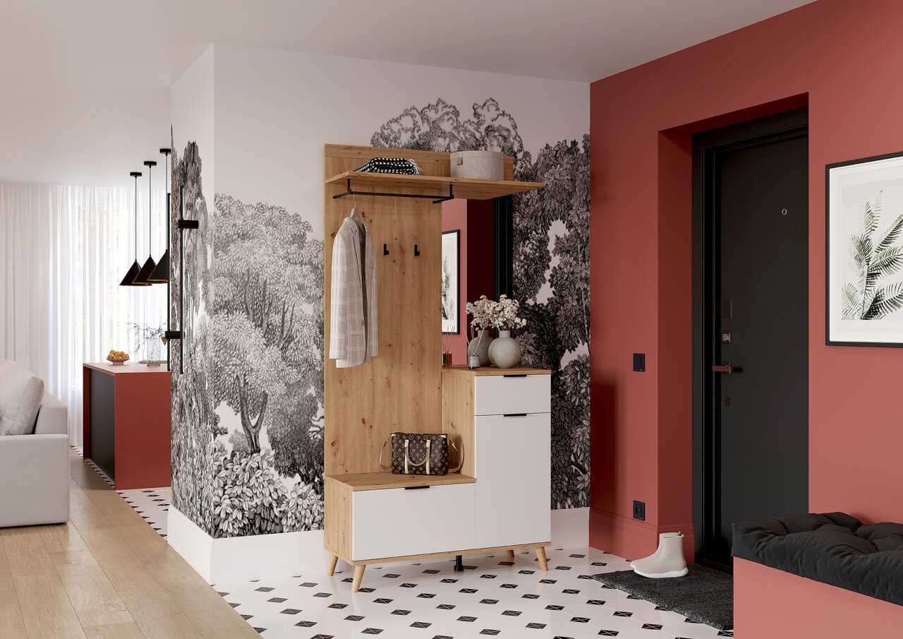 Kompaktgarderobe in einem modernen Flur, mit Holz- und weißen Elementen, Haken für Kleidung, einem Regal und Schubladen, seitliche Perspektive.