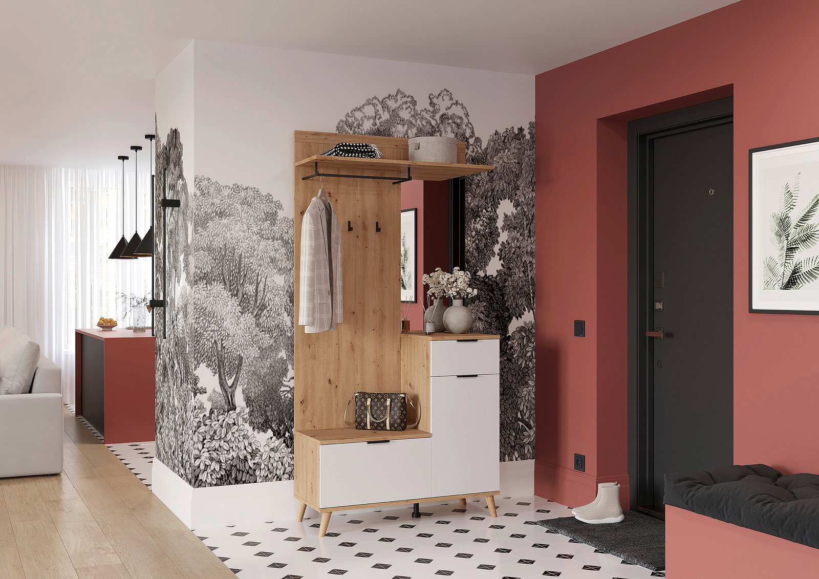 Kompaktgarderobe in einem modernen Flur, mit Holz- und weißen Elementen, Haken für Kleidung, einem Regal und Schubladen, seitliche Perspektive.