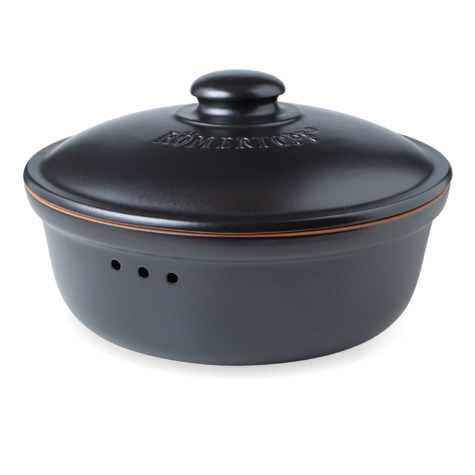 Römertopf Brot-Frischetopf Runder schwarzer Brottopf mit Deckel, seitliche Perspektive