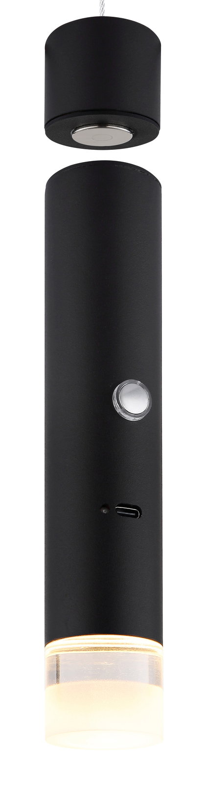 Moderne schwarze Hängeleuchte in zylindrischer Form, seitliche Perspektive