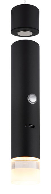 Moderne schwarze Hängeleuchte in zylindrischer Form, seitliche Perspektive