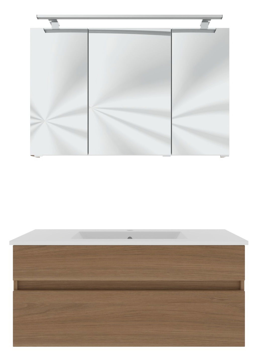 Novel Badblock NV.210 Frontale Ansicht eines modernen Badblocks mit einem hölzernen Unterschrank und einem dreitürigen Spiegelschrank darüber.