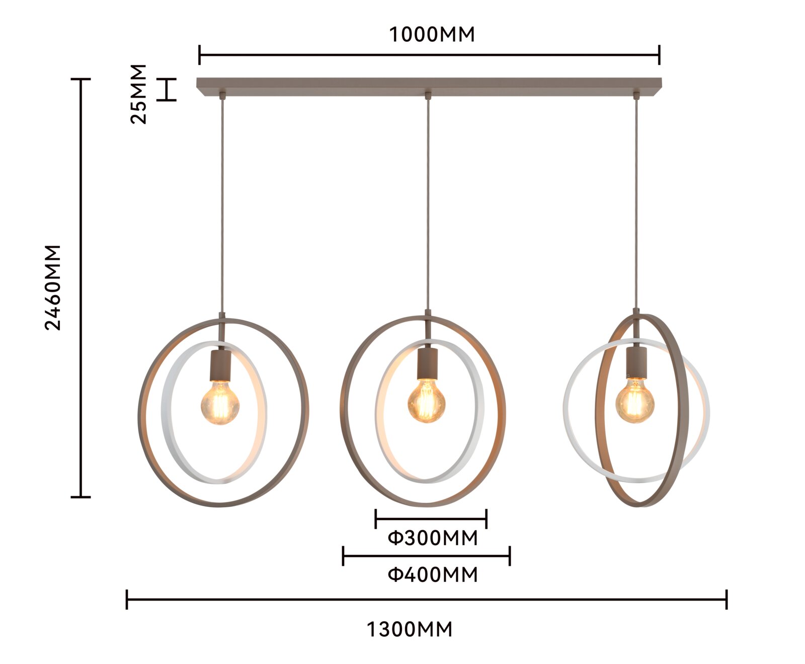 Vooraanzicht van een moderne drie-lichts hanglamp met ronde metalen frames en warme lichtbronnen, inclusief maataanduidingen: 1300 mm breed en 2460 mm hoog.