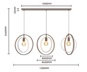 Vooraanzicht van een moderne drie-lichts hanglamp met ronde metalen frames en warme lichtbronnen, inclusief maataanduidingen: 1300 mm breed en 2460 mm hoog.