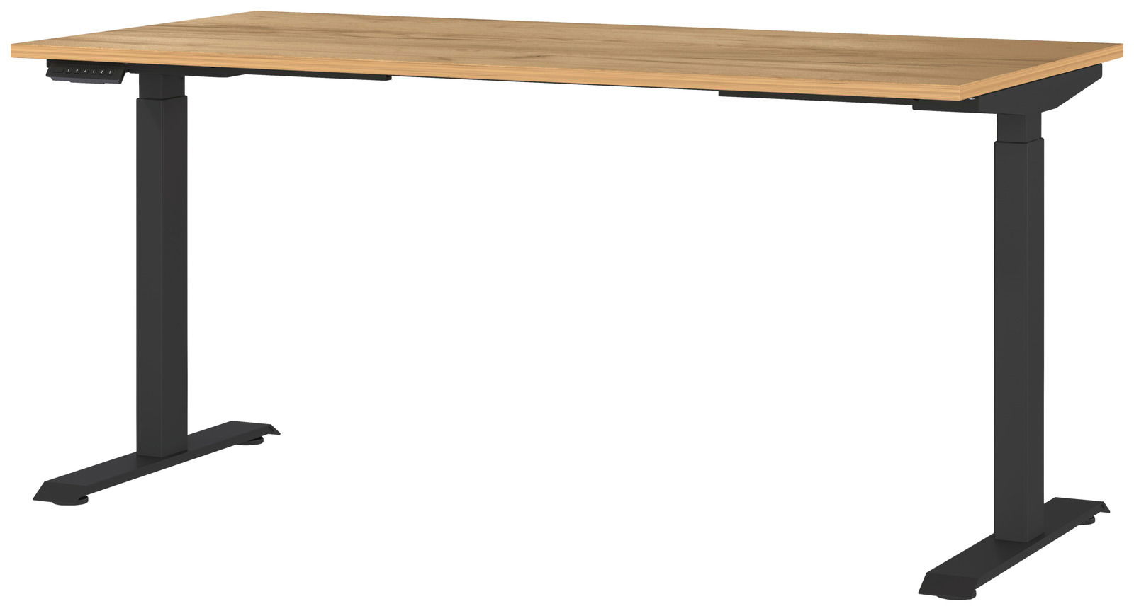 Elektrisch höhenverstellbarer Schreibtisch mit Holzplatte und schwarzen Metallbeinen, seitliche Perspektive
