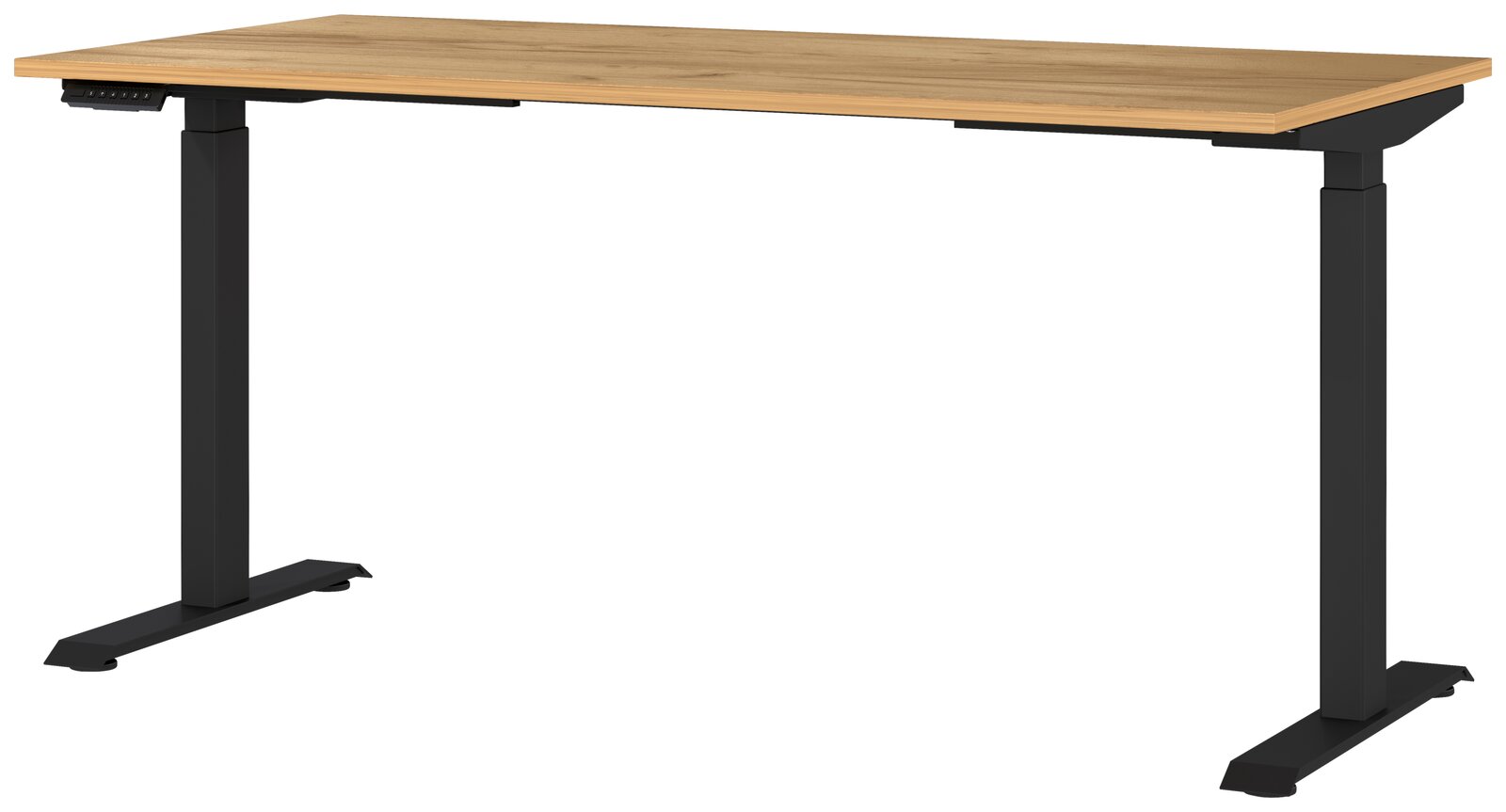 Elektrisch höhenverstellbarer Schreibtisch mit Holzplatte und schwarzen Metallbeinen, seitliche Perspektive
