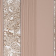 Dekoratives Tapeten- oder Stoffmuster in Beige und Weiß mit Paisley-Ornamenten links, schmalen vertikalen Streifen in der Mitte und einfarbiger Fläche rechts, Frontalansicht