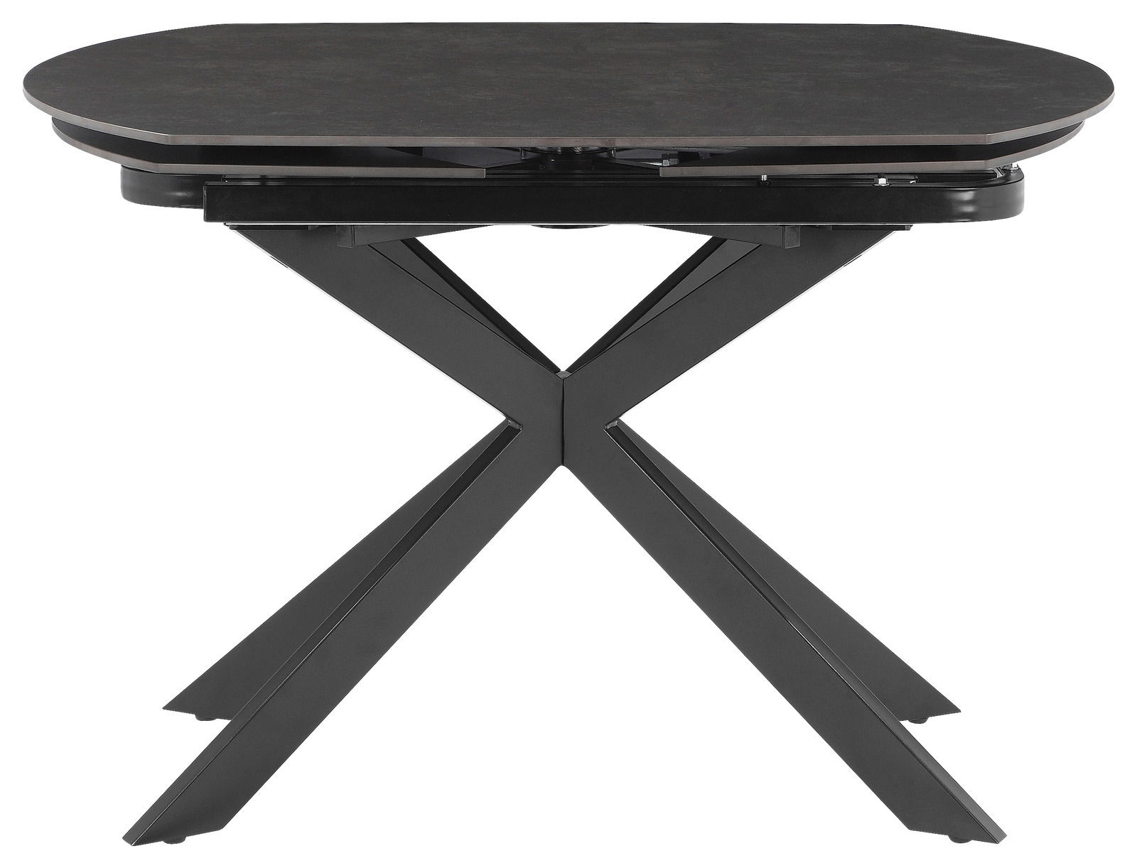 Moderner Esstisch mit schwarzer Tischplatte und X-förmigem Metallgestell, seitliche Perspektive