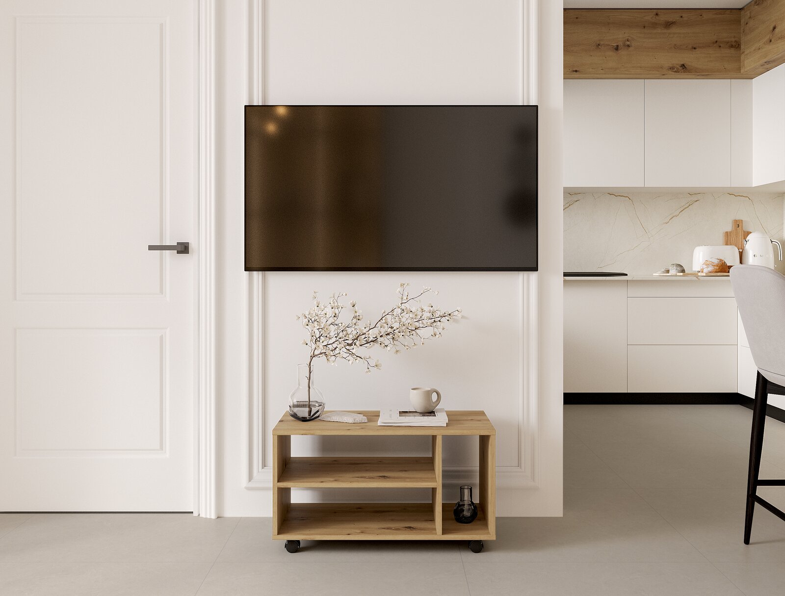 Moderner TV-Rollwagen aus Holz mit zwei Ablagefächern, dekoriert mit einer Vase und einer Tasse, in einem stilvollen Wohnzimmer. Frontalansicht.