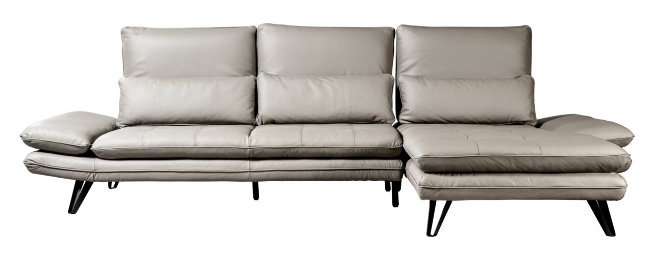 Grijze leren bank met chaise longue, vooraanzicht