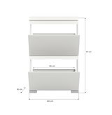 Weißer Schuhschrank mit zwei Klappen, frontal abgebildet, Maße: 91 cm hoch, 60 cm breit, 18 cm tief.