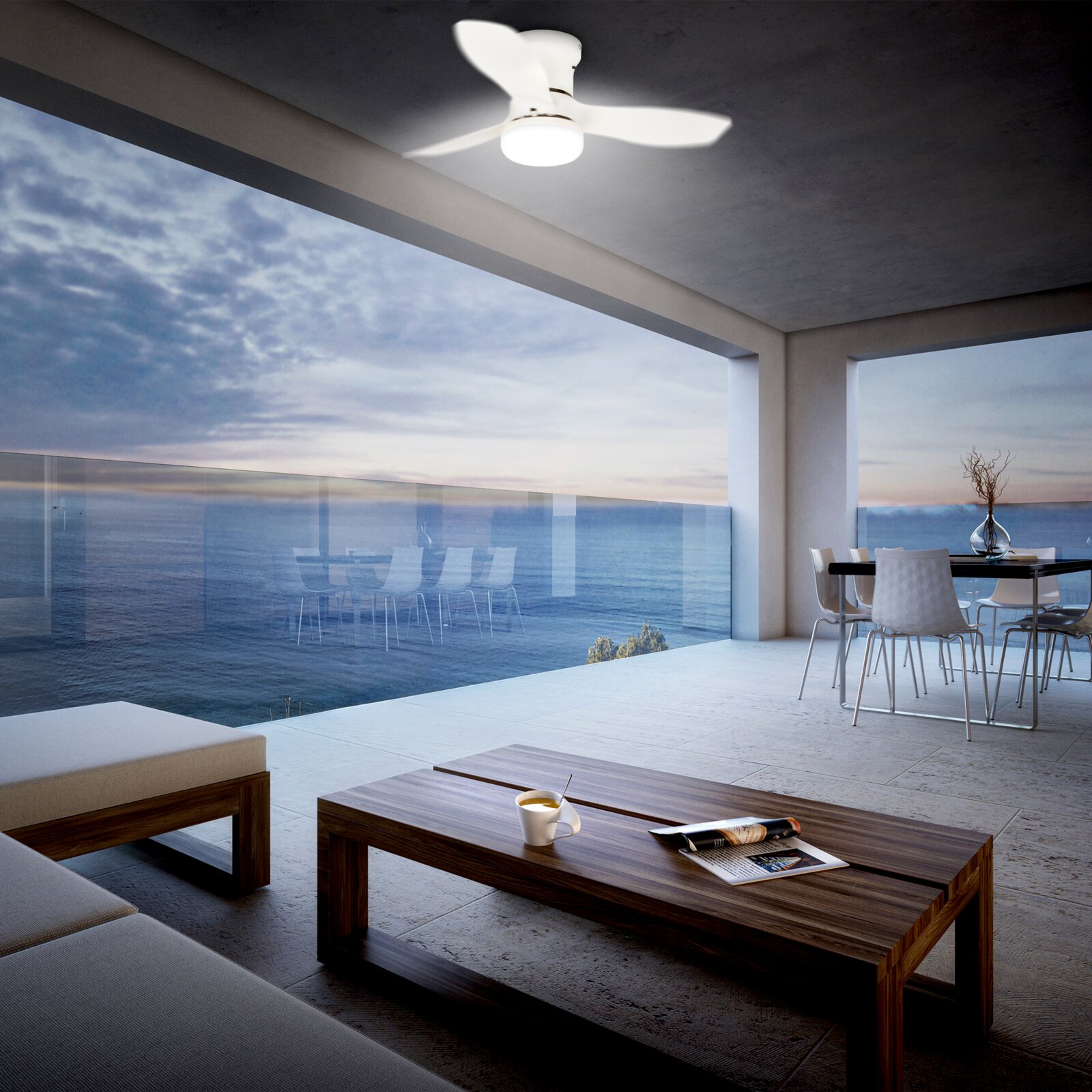 Briloner Deckenventilator inkl. LED PAN Weißer Deckenventilator mit integrierter LED-Leuchte auf moderner Terrasse mit Meerblick, aufgenommen aus Untersicht nach oben zur Decke