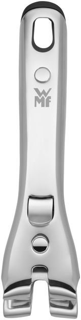 Vorderansicht eines glänzenden, metallischen Click&Serve Griffs mit WMF-Logo.
