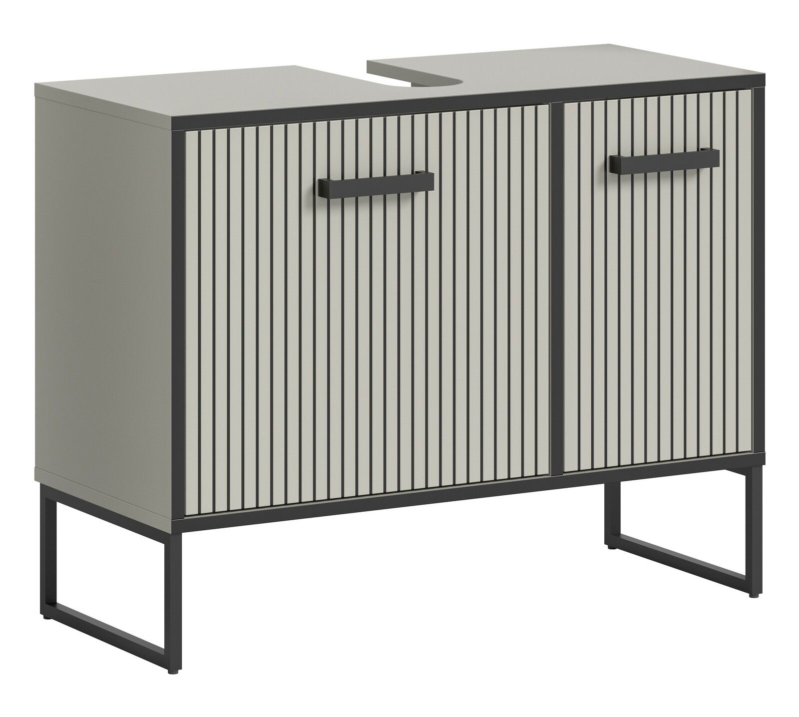 MID.YOU Waschbeckenunterschrank BAGNO Moderner Waschbeckenunterschrank mit vertikalen Streifen und schwarzen Griffen, seitliche Perspektive